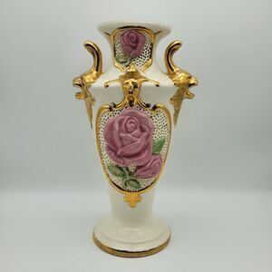 Vintage Porcelain Vase Roses & Gold Lion Details Ornate Cottagecore Grandmacore